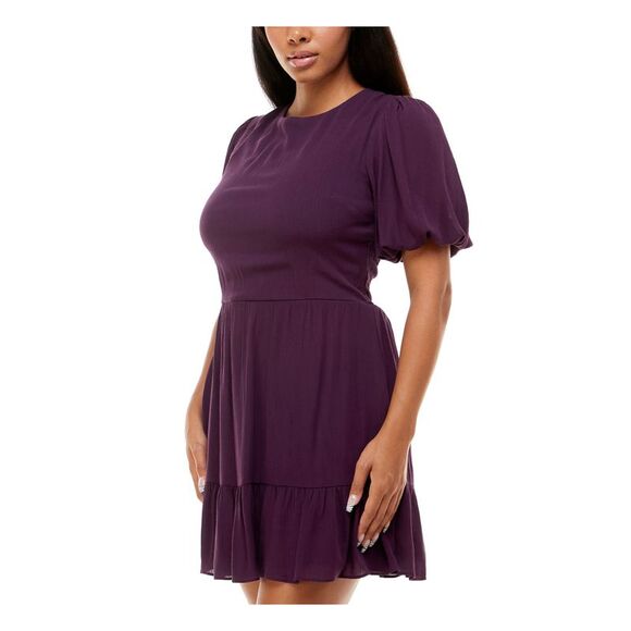NWT B DARLIN Womens Purple Tie Back Lined Pouf Sleeve Short Dress 11\12 - Picture 3 of 5